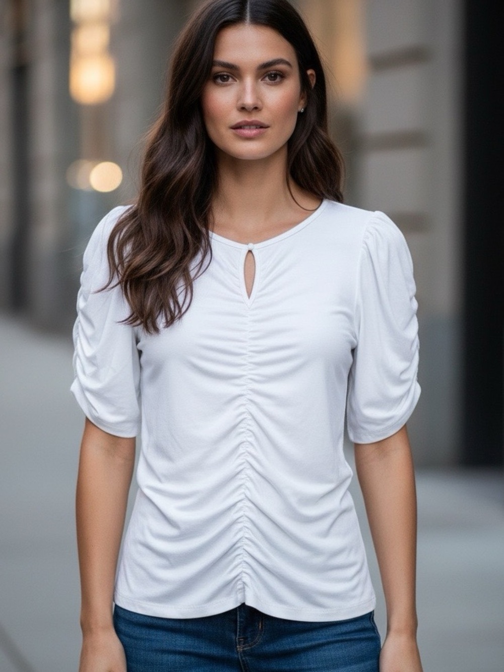 Frame White Ruched Keyhole Top